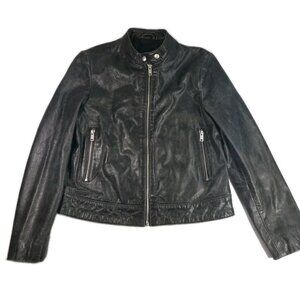 MNG Mango Womens Leather Jacket Distressed Grey Cafe Style Racer Jacket Sz M